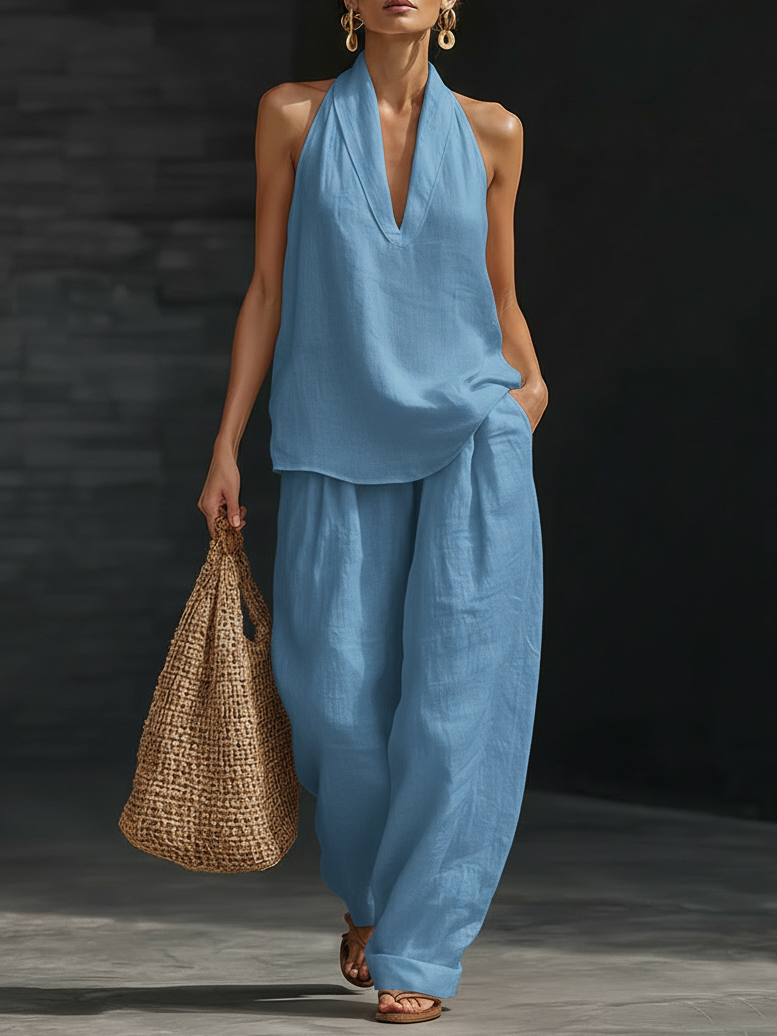Anaïs - Ensemble en Lin Élégant Femme avec Top Halter Col en V et Pantalon Large Ample