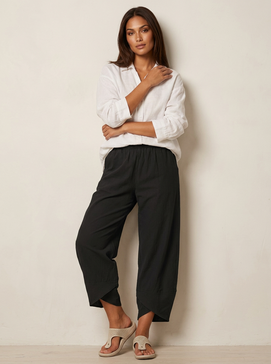 Anaïs - Pantalon en Lin Femme Décontracté avec Coupe Large et Taille Élastiquée