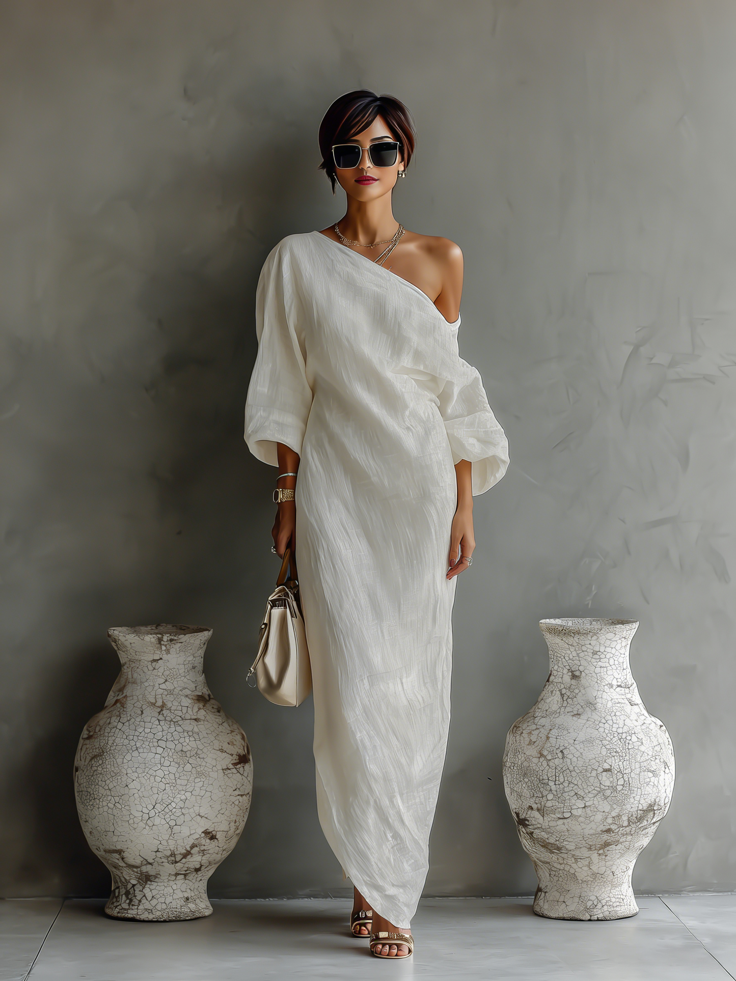 Anaïs - Robe Longue en Lin Femme Chic avec Épaule Dénudée et Manches Amples