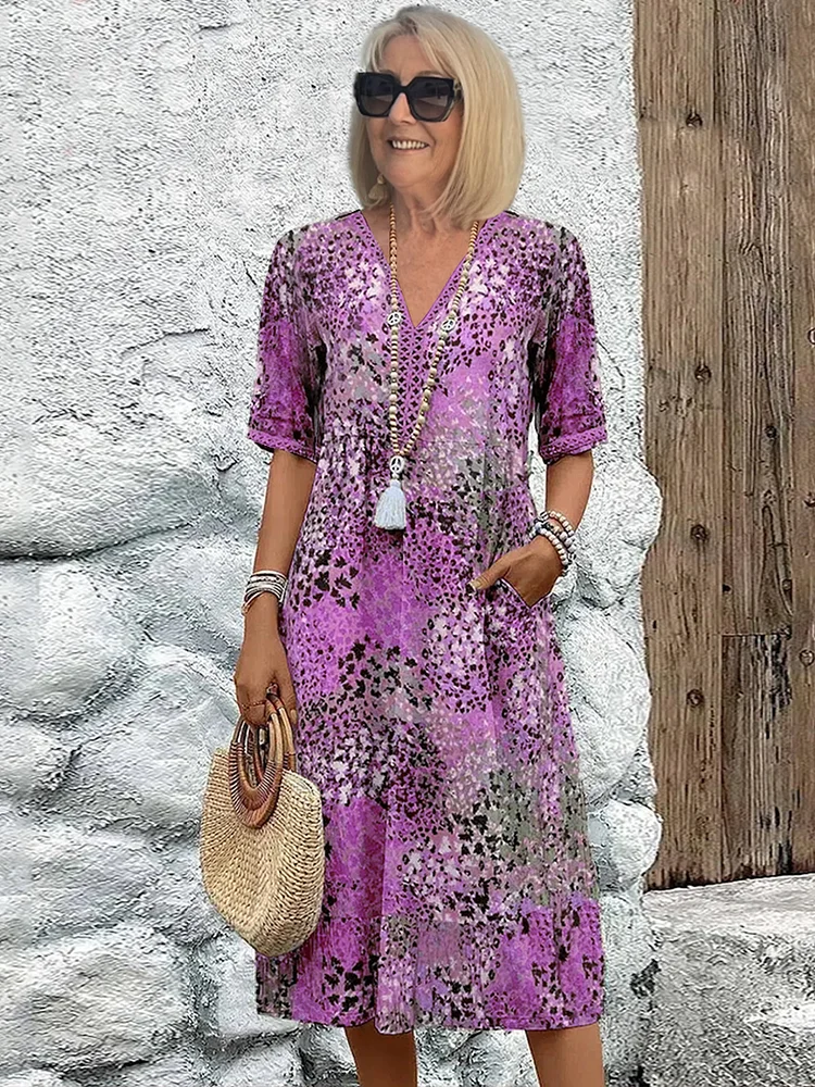 Brigitte - Robe Mariage Invitée Midi Femme Bohème Fleurie avec Col V et Manches Courtes