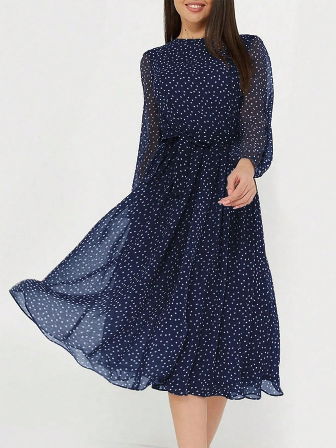 Céline - Robe Invitée Mariage Femme Romantique à Pois avec Manches Longues et Ceinture