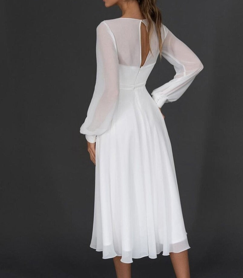 Camille - Robe Invitée Mariage Élégante Col V Plissé et Manches Longues Voilées