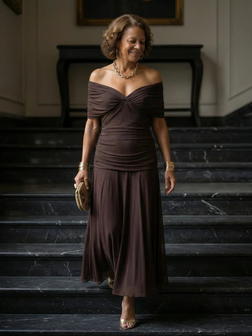 Camille - Robe Maxi d'Été Femme Bohème avec Encolure Bardot et Taille Drapée