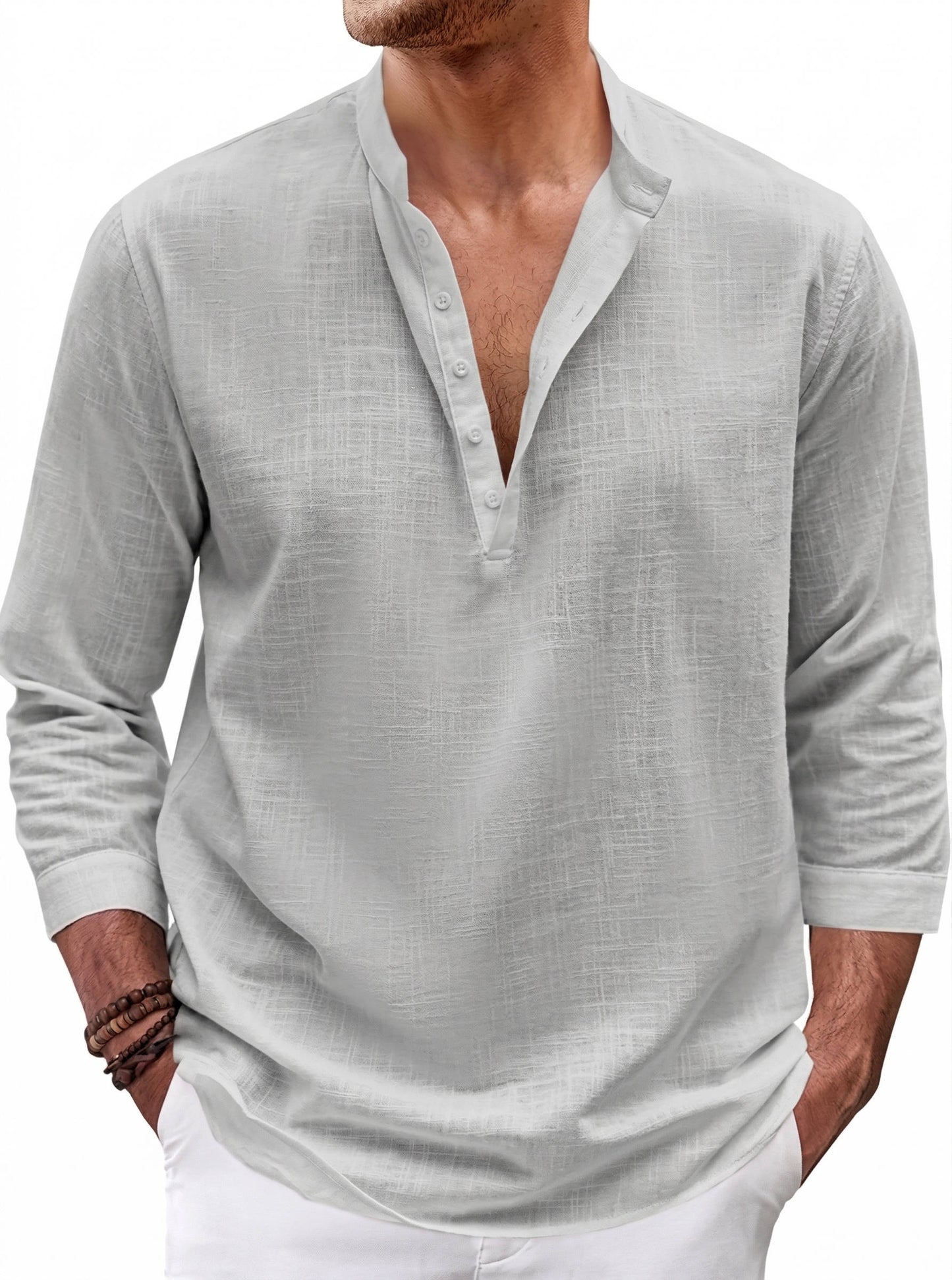Gabriel - Chemise en Lin Homme Moderne avec Col Mao et Manches Longues