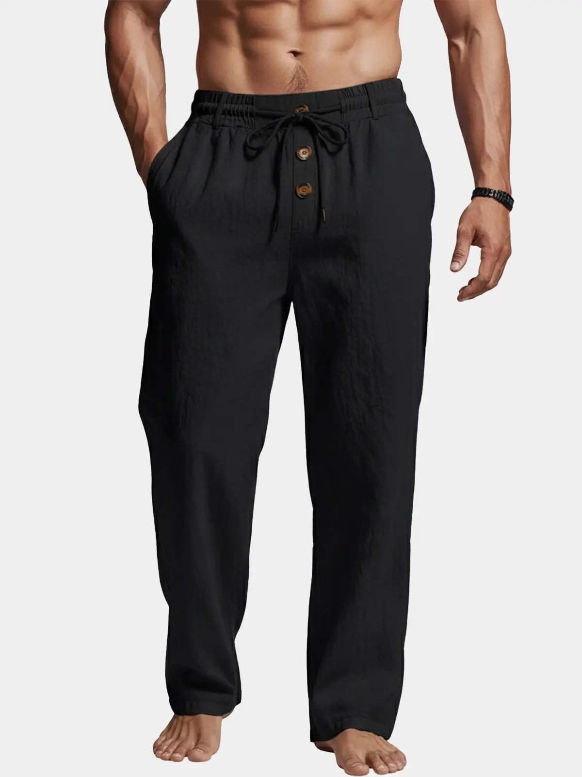 Hugo - Pantalon en Lin Homme Casual avec Taille Élastique et Cordon de Serrage