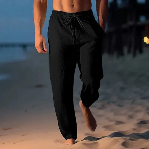 Hugo - Pantalon en Lin Homme Casual de Plage avec Cordon de Serrage et Coupe Droite