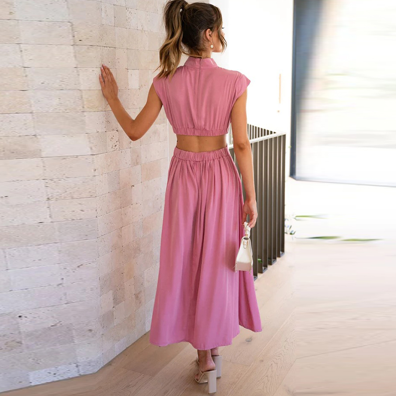 Inès - Robe Invitée Mariage Femme Tendance Col Montant Découpée à la Taille et Jupe Évasée