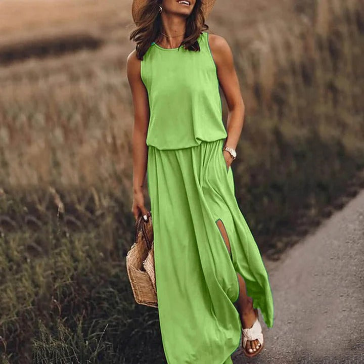 Camille - Robe Élégante Invitée Mariage Femme sans Manches avec Fente et Poches