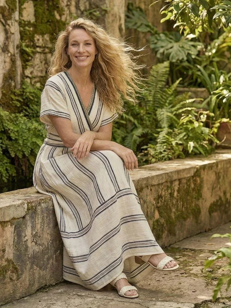 Inès - Robe Maxi en Lin Femme Bohème avec Col Cache-Cœur et Manches Courtes