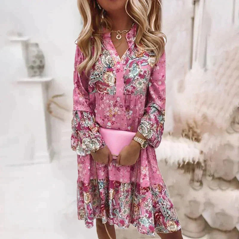 Manon - Robe Invitée Mariage Femme Bohème avec Col V et Manches Longues