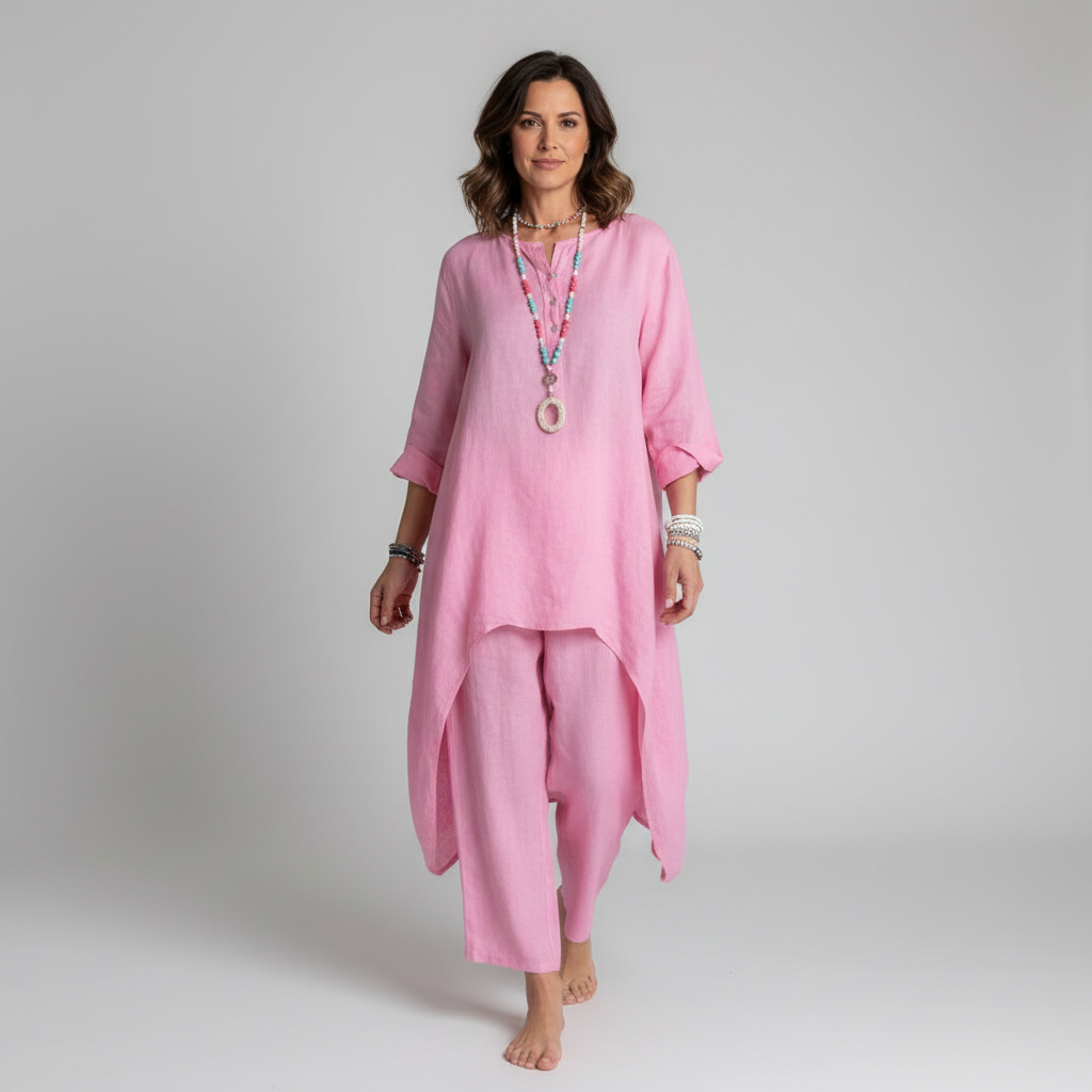 Marion - Ensemble en Lin Femme Bohème avec Tunique Asymétrique et Pantalon Assorti
