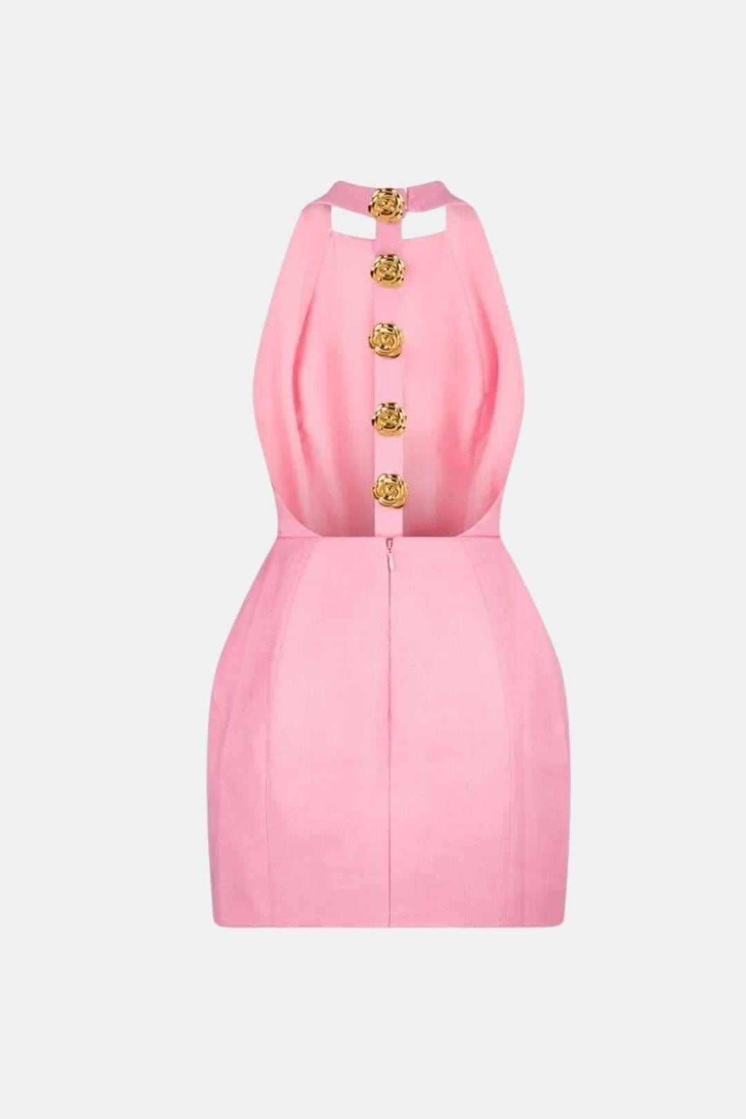 Marion - Robe dos nu Femme Moulante avec Col Halter et Boutons Dorés