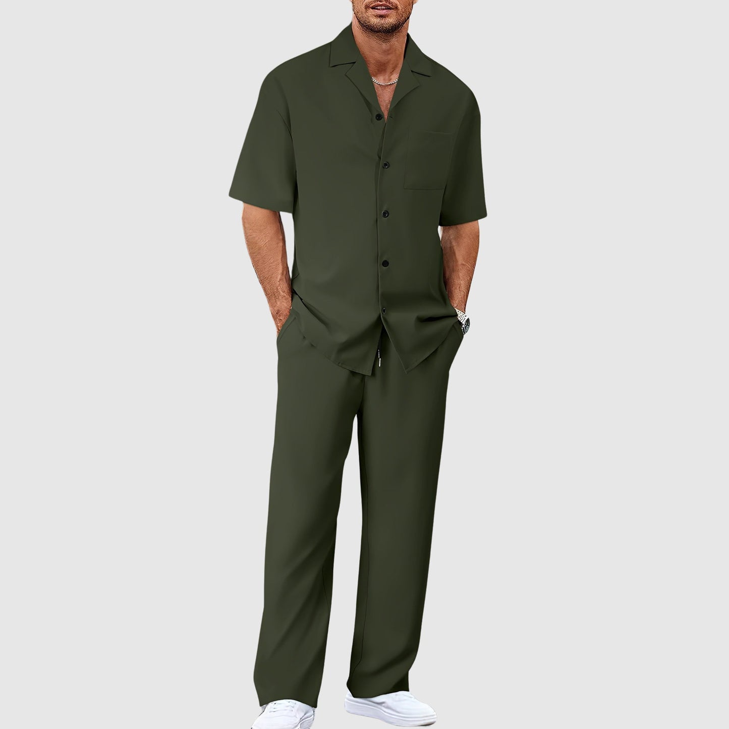 Nicolas - Ensemble Été Homme Casual avec Chemise Col Cubain et Pantalon Droit
