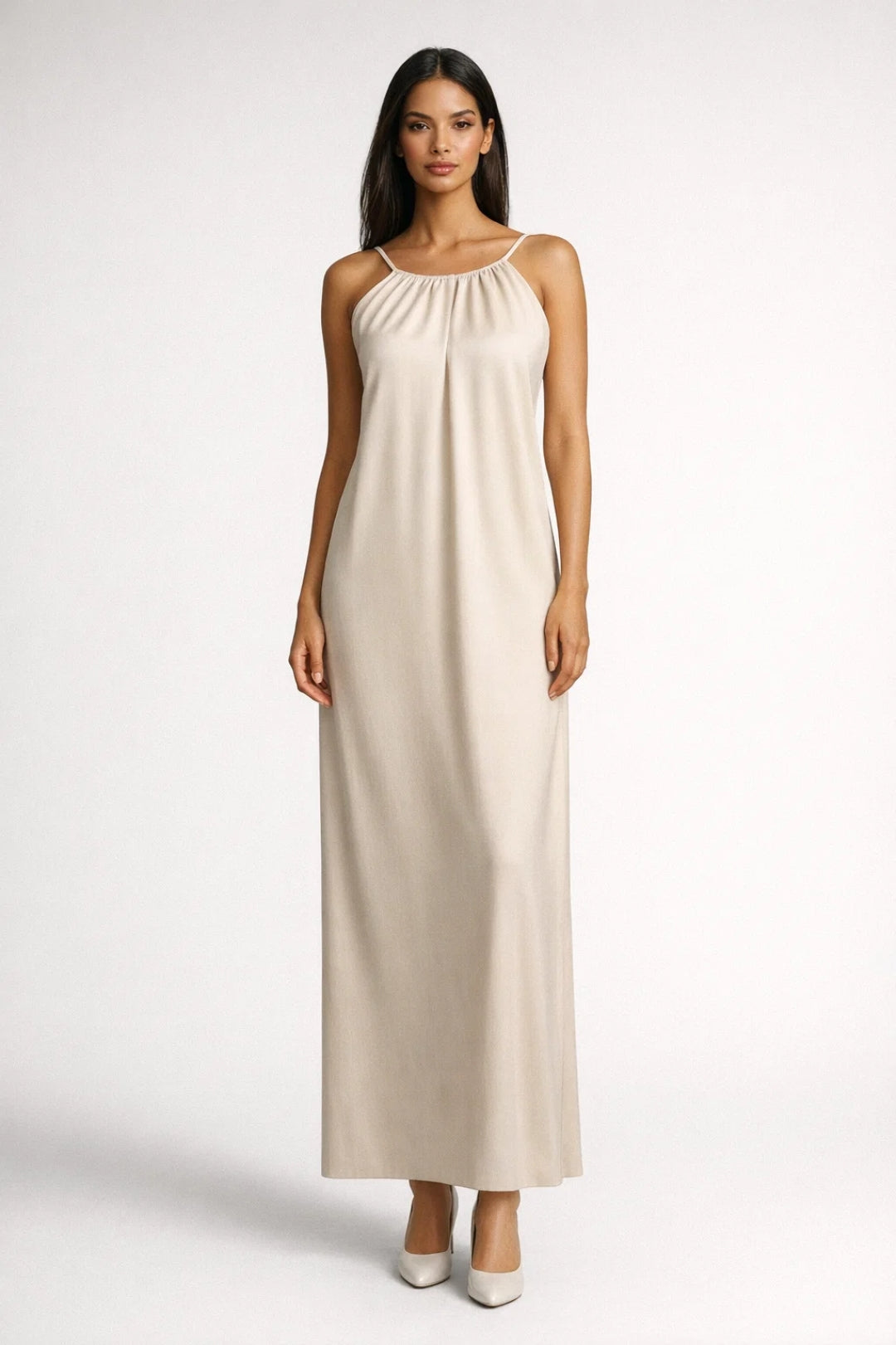 Robe Maxi Femme - Halter Col Rond Froncé Fluide | Élégante