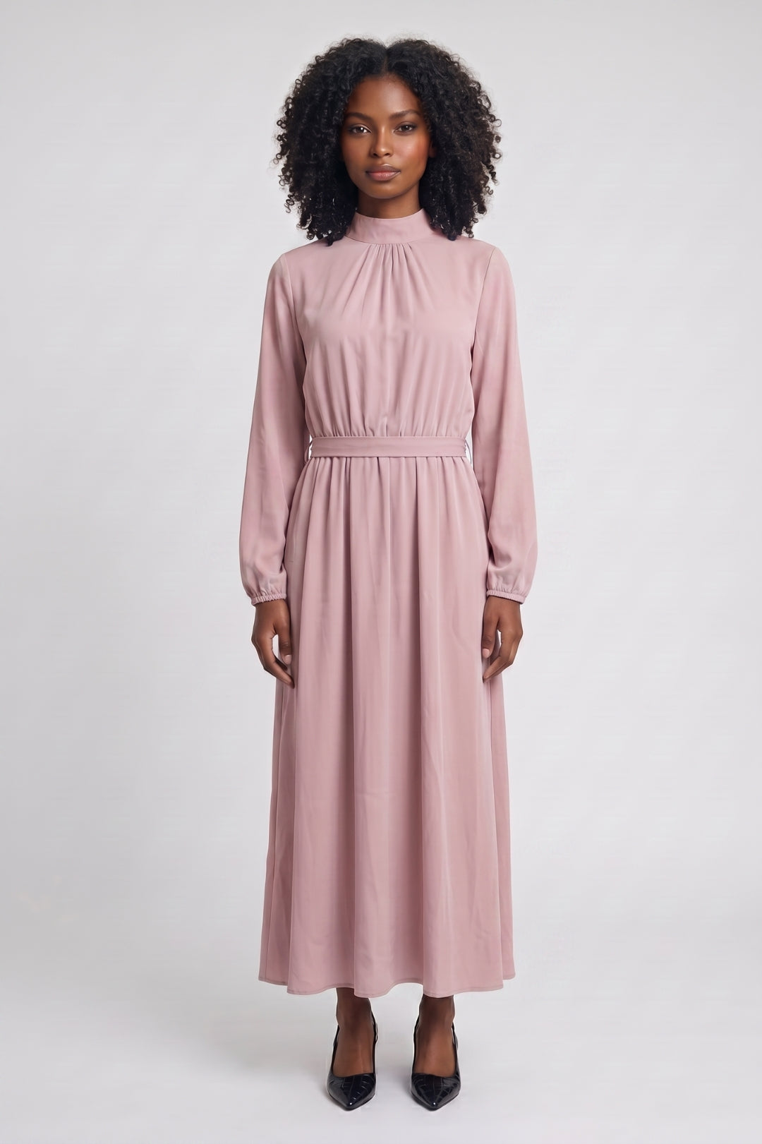 Robe Midi Femme - Col Montant Plissée Ceinturée | Élégante