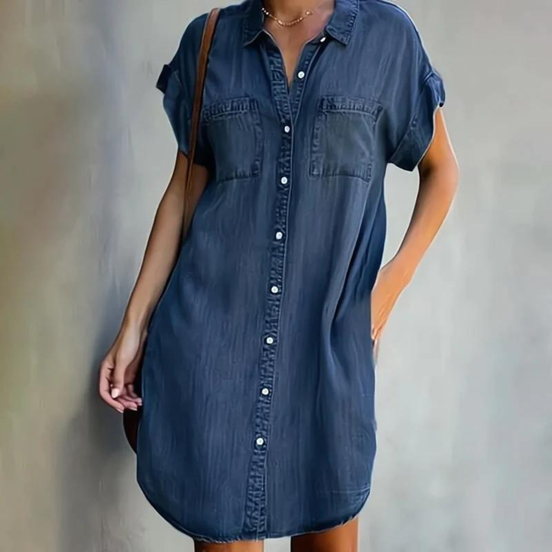 Pauline - Robe Chemise d'Été Femme à Boutons et Poches avec Manches Courtes Casual Décontractée