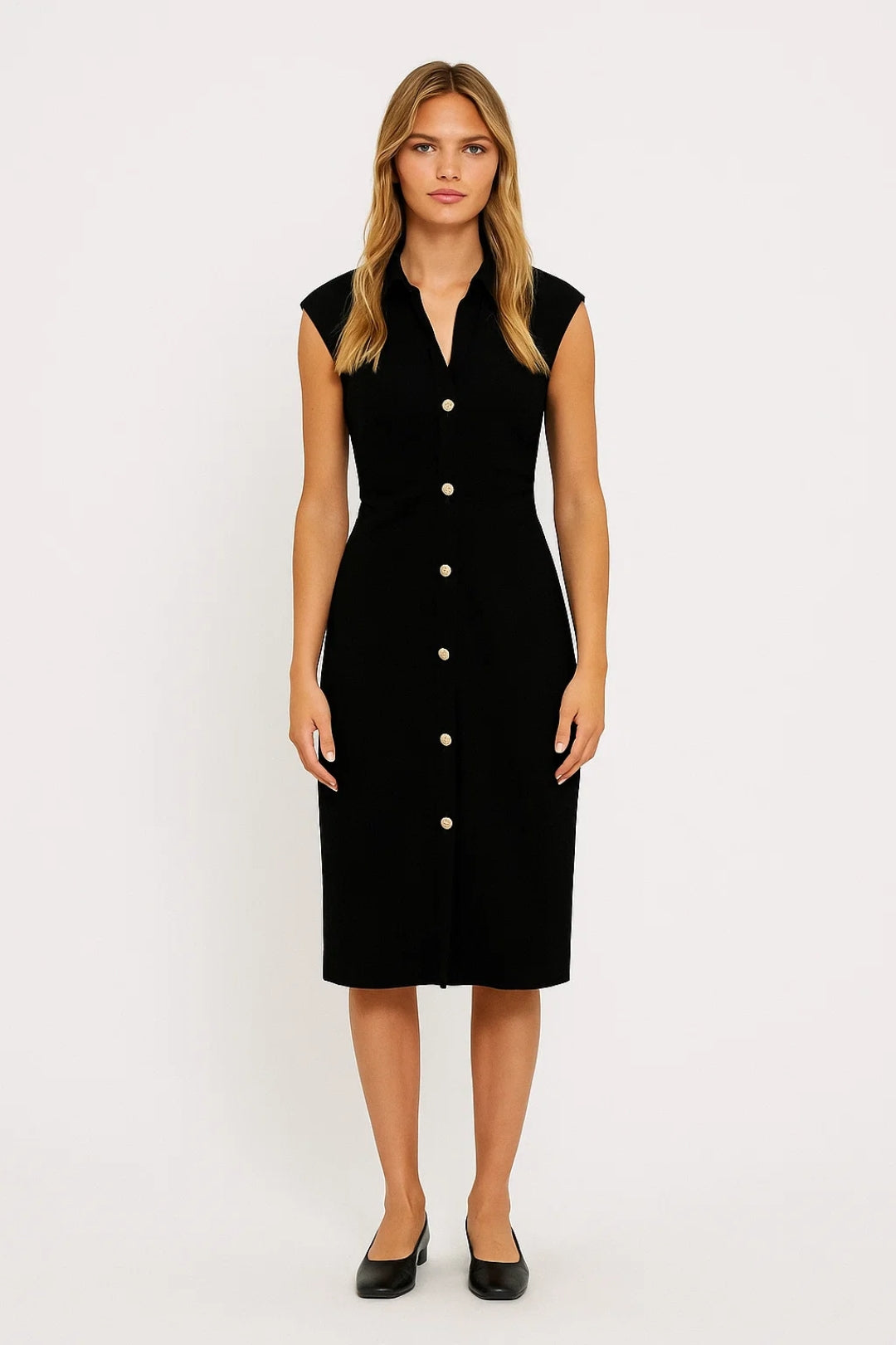 Robe midi Femme - Boutonnée sans Manches Col Chemisier | Chic