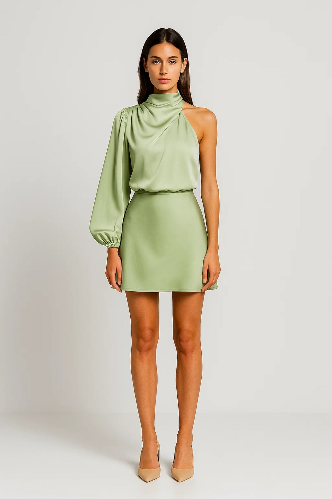 Robe Mini Femme - One Shoulder Col Montant Manche Bouffante | Chic
