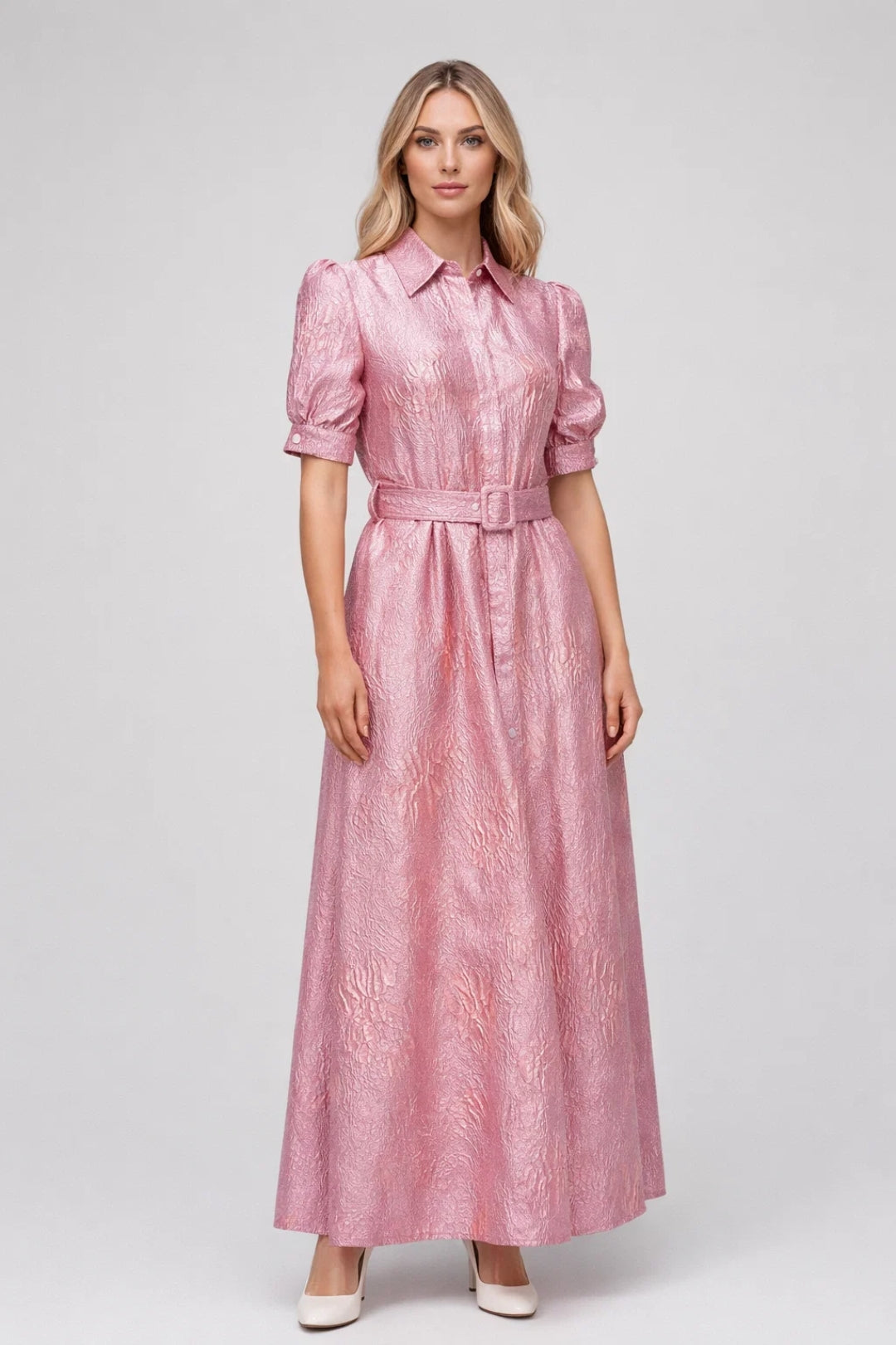 Robe Maxi Femme - Brillante Col Chemise Ceinture Élégante | Gala