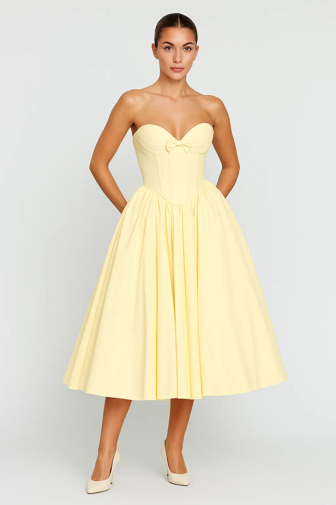 Robe Midi Femme - Bustier Noeud Coupe Évasée Sans Bretelles | Chic