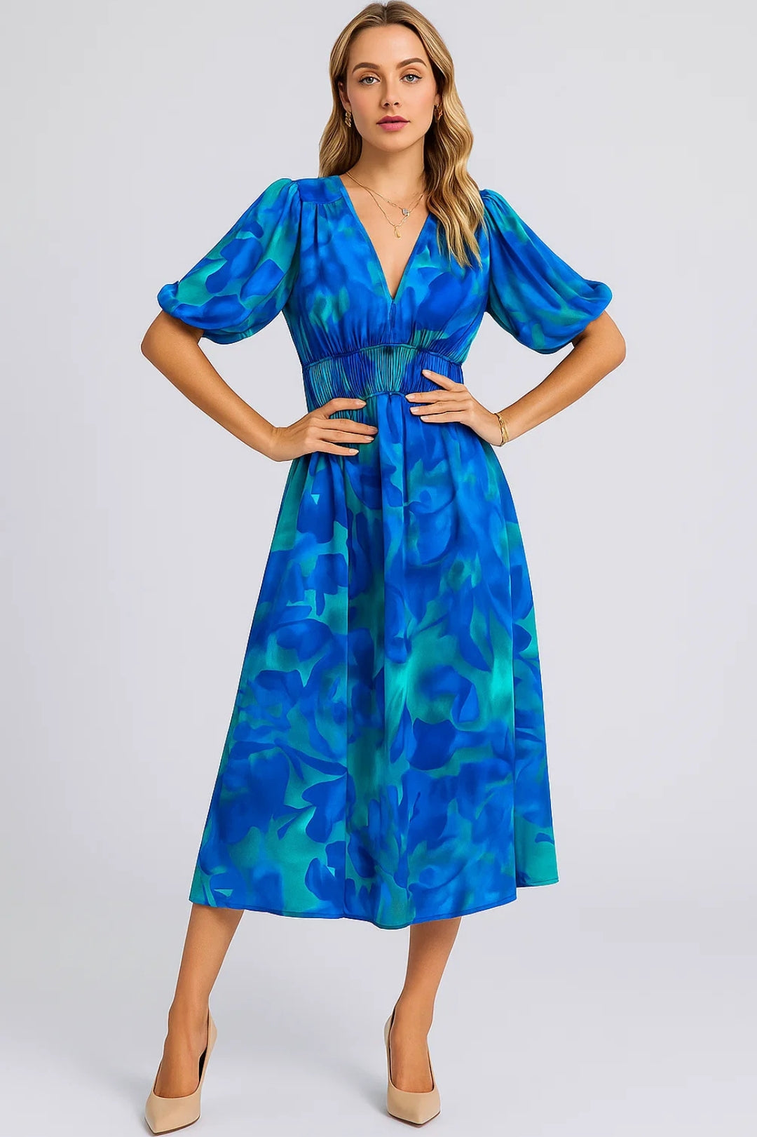 Robe Midi Femme - Col V Manches Bouffantes Imprimé Floral | Élégante