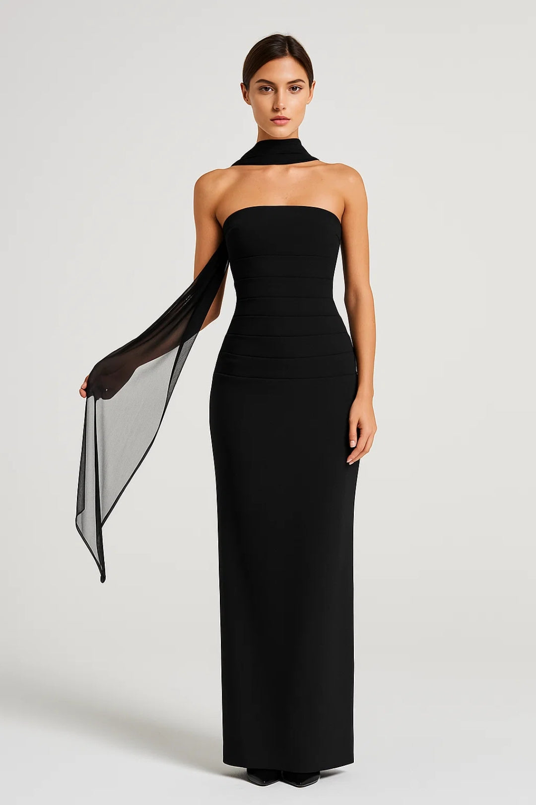 Robe Maxi Femme - Bustier Drapé Écharpe au Col | Élégante