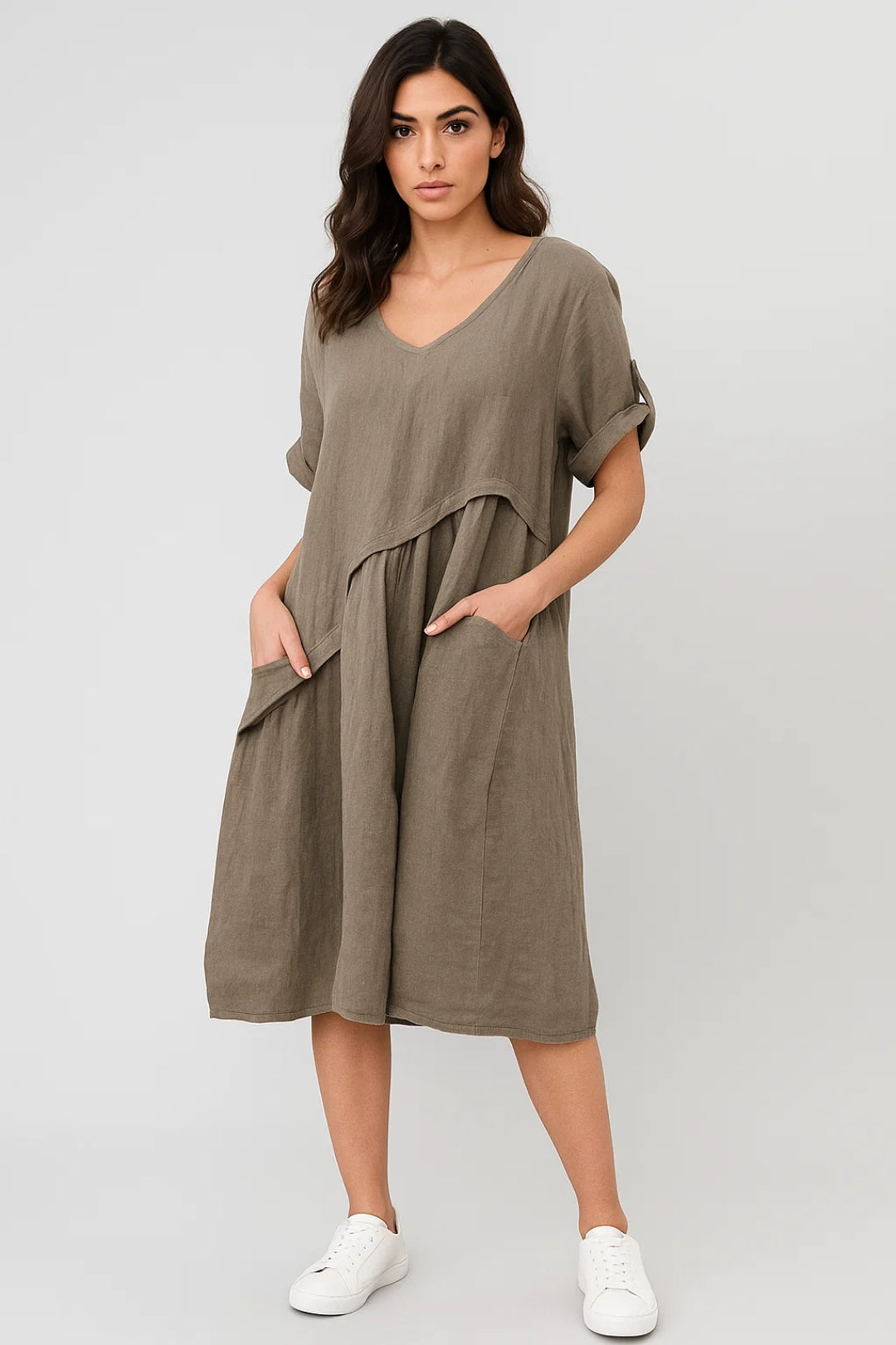 Robe Midi Femme - Col V Manches Courtes Ample Poches | Estivale
