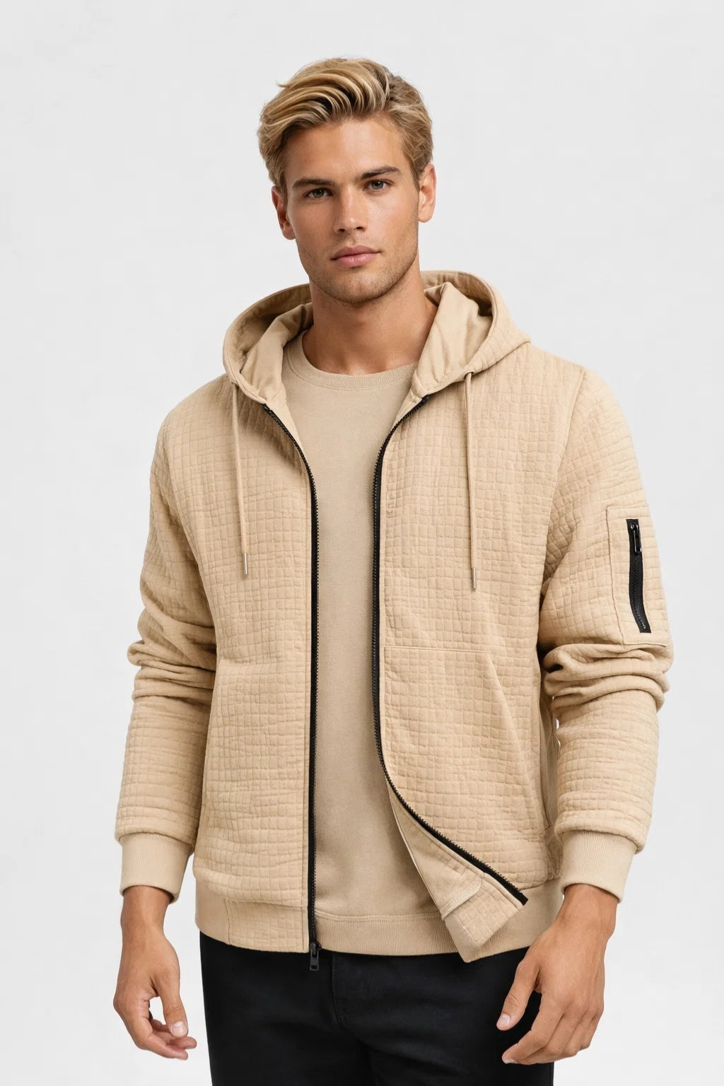 Sweat Homme - Hoodie Zippé Texture Matelassée Poche Manche | Casual