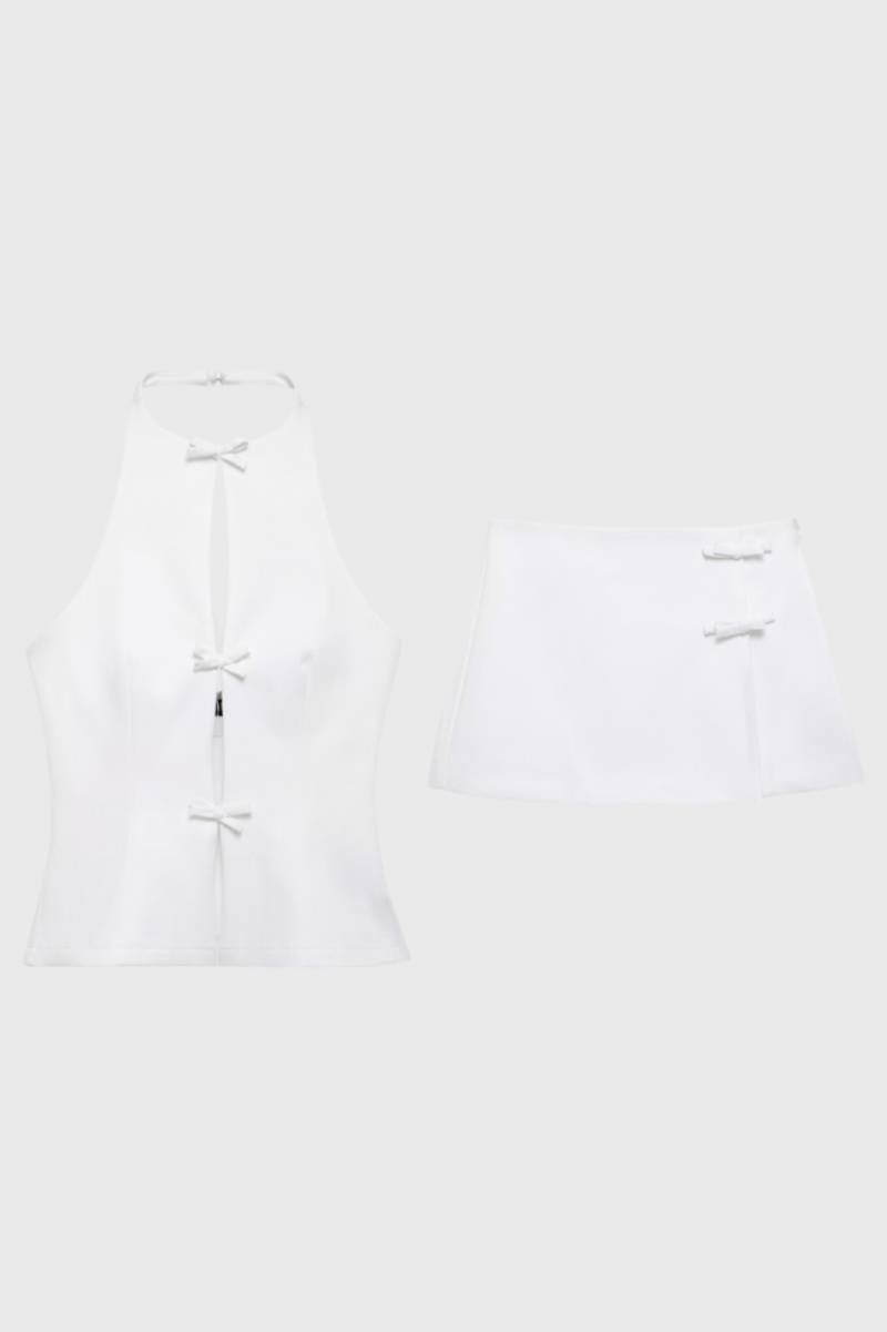Ensemble Femme - Halter Top & Mini Jupe avec Détails Nœuds | Élégant — Blanc