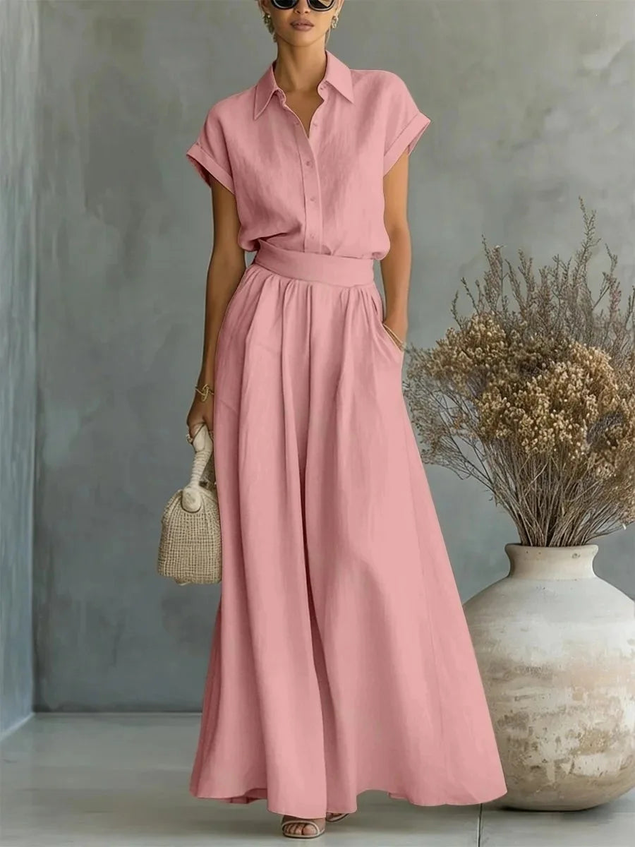 Élise - Ensemble 2 Pièces en Lin Femme Chic avec Col Chemise et Jupe Ample
