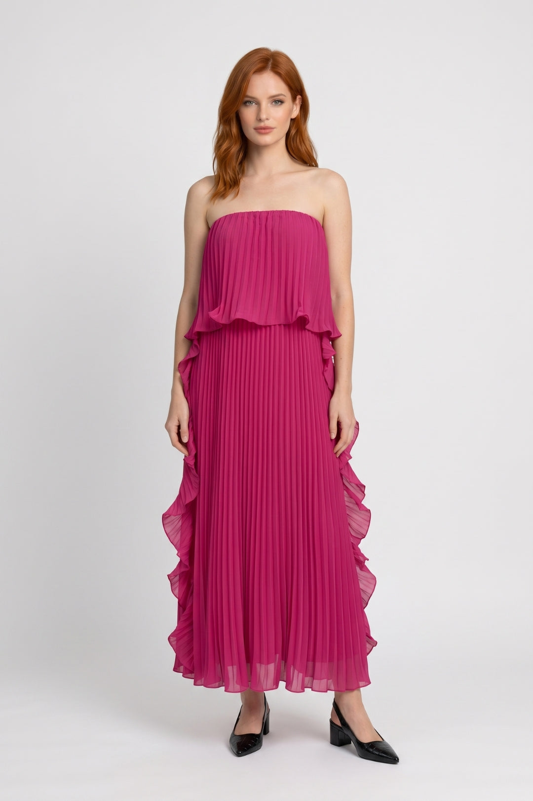 Robe Maxi Femme - Bustier Plissée Volants Latéraux | Élégant