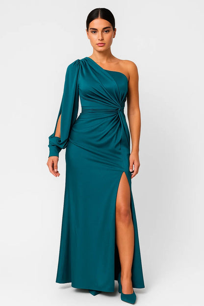 Robe Maxi Femme - One Shoulder Drapée Manche Fendue avec Fente | Chic