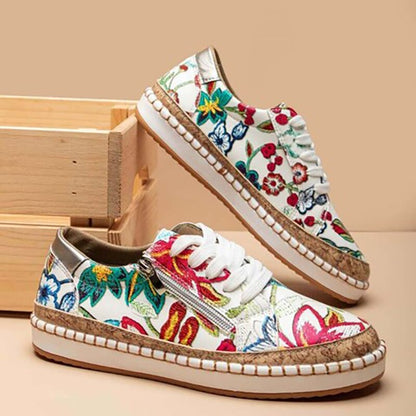 Adèle - Baskets Confort Femme Bohème avec Broderies Florales et Fermeture Zippée