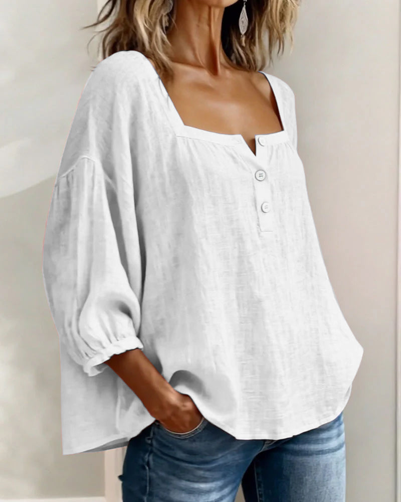 Amélie - Blouse en Lin Femme Romantique avec Col Carré et Manches Bouffantes