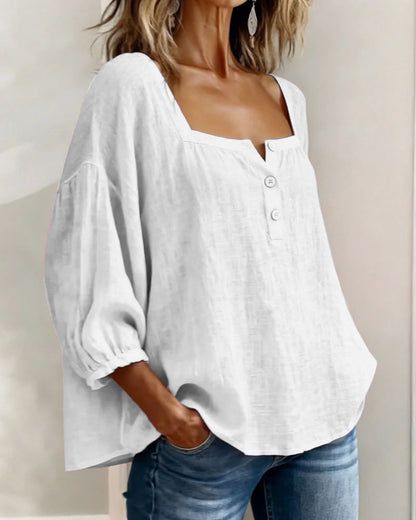 Amélie - Blouse en Lin Femme Romantique avec Col Carré et Manches Bouffantes