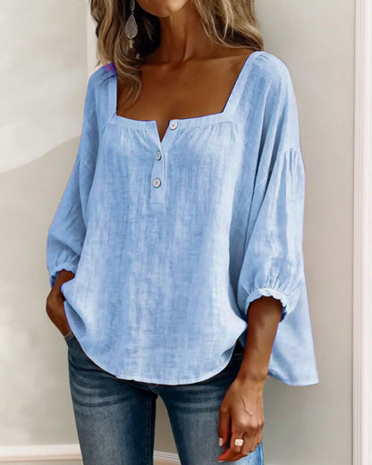 Amélie - Blouse en Lin Femme Romantique avec Col Carré et Manches Bouffantes