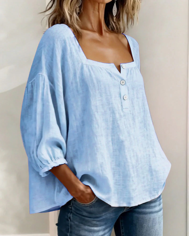 Amélie - Blouse en Lin Femme Romantique avec Col Carré et Manches Bouffantes