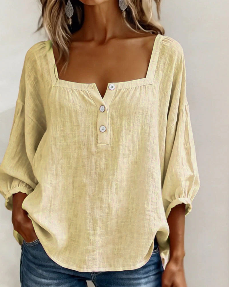 Amélie - Blouse en Lin Femme Romantique avec Col Carré et Manches Bouffantes