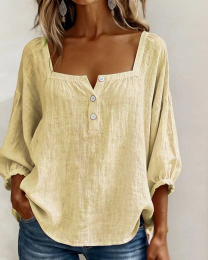 Amélie - Blouse en Lin Femme Romantique avec Col Carré et Manches Bouffantes