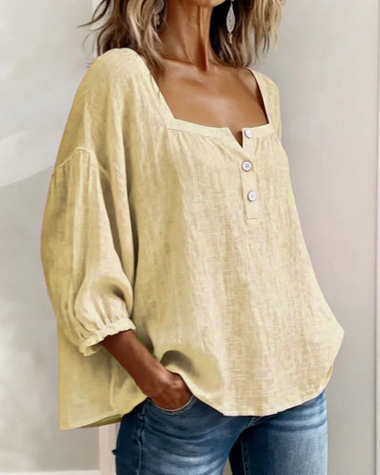 Amélie - Blouse en Lin Femme Romantique avec Col Carré et Manches Bouffantes