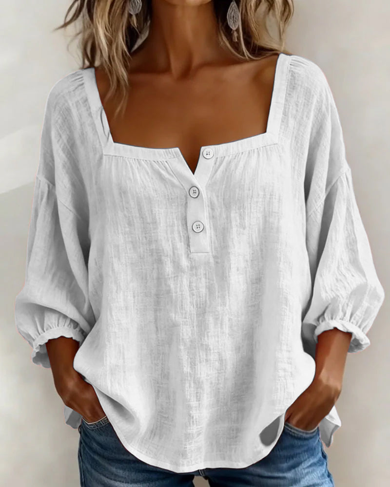 Amélie - Blouse en Lin Femme Romantique avec Col Carré et Manches Bouffantes