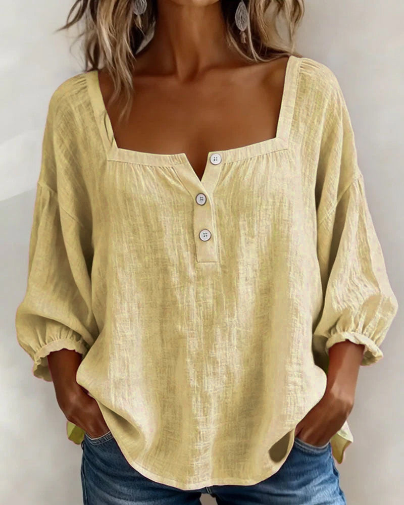 Amélie - Blouse en Lin Femme Romantique avec Col Carré et Manches Bouffantes