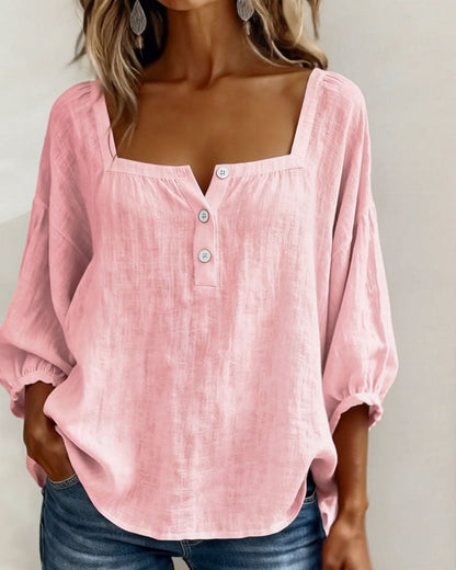 Amélie - Blouse en Lin Femme Romantique avec Col Carré et Manches Bouffantes