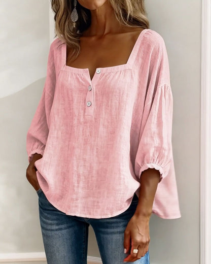 Amélie - Blouse en Lin Femme Romantique avec Col Carré et Manches Bouffantes