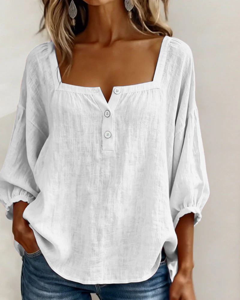 Amélie - Blouse en Lin Femme Romantique avec Col Carré et Manches Bouffantes
