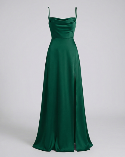 Amélie - Robe Invitée Mariage Femme Maxi à Bretelles Fines Encolure Drapée et Fente Élégante
