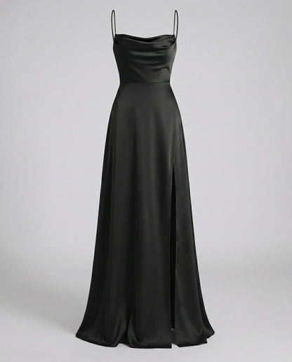 Amélie - Robe Invitée Mariage Femme Maxi à Bretelles Fines Encolure Drapée et Fente Élégante