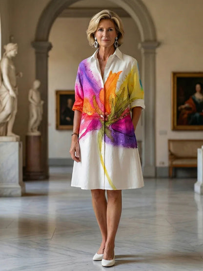 Amélie - Robe Midi en Lin Femme Chic avec Col Chemise et Manches 3/4