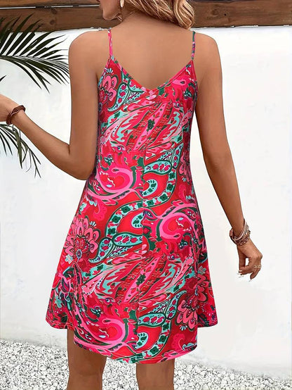 Amélie - Robe d'Été Bohème Femme à Bretelles Fines avec Imprimé Fleuri et Col V