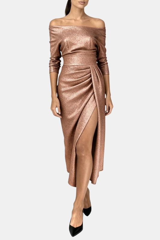Amélie - Robe de Soirée Longue Femme Glamour Épaules Dénudées avec Drapé et Fente